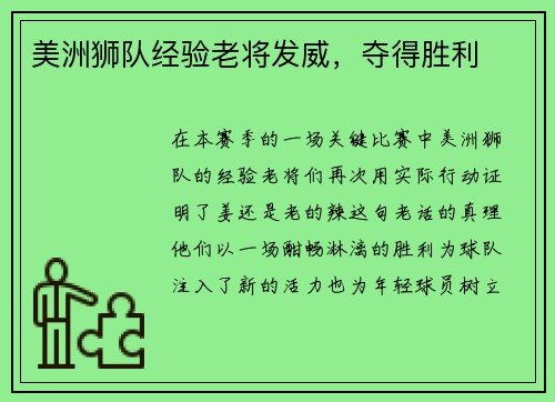 美洲狮队经验老将发威，夺得胜利